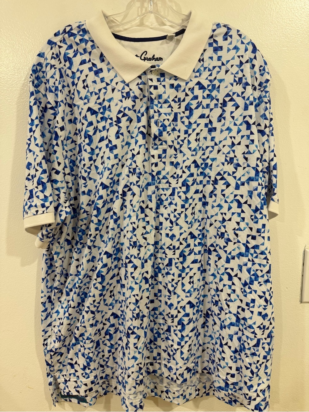 Robert Graham White Polo with Blue Geometric Print